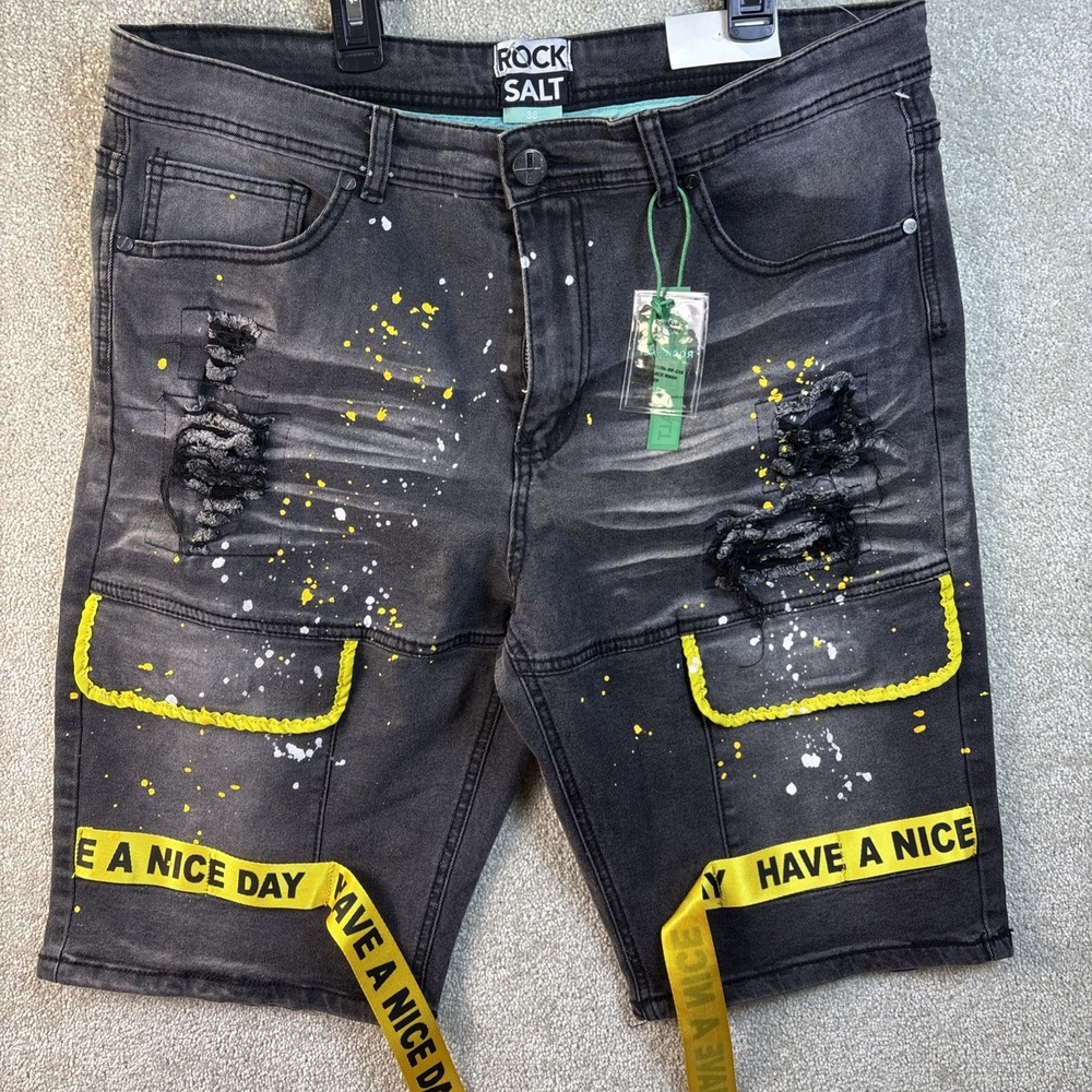 Rock Salt Denim Shorts Mens 38 Black‎ Distressed Paint Splatter Have A Nice Day
